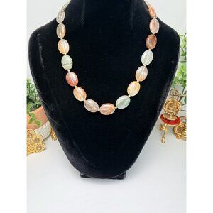 Vintage Jewelmak 14K Gold Agate & Quartz Statement Necklace Art Deco Revival